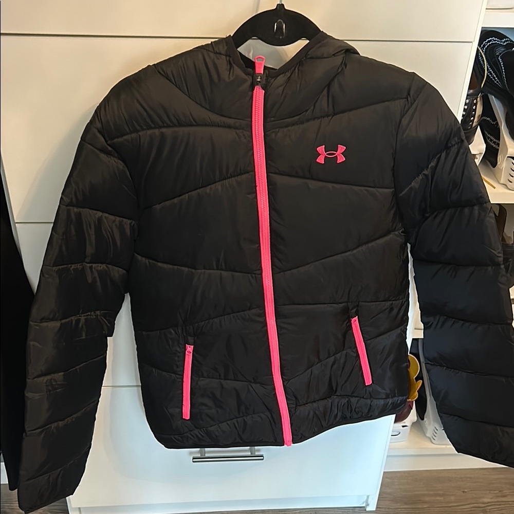 Under Armour Black Puffer Jacket with Pink Accents (Almost brand new)